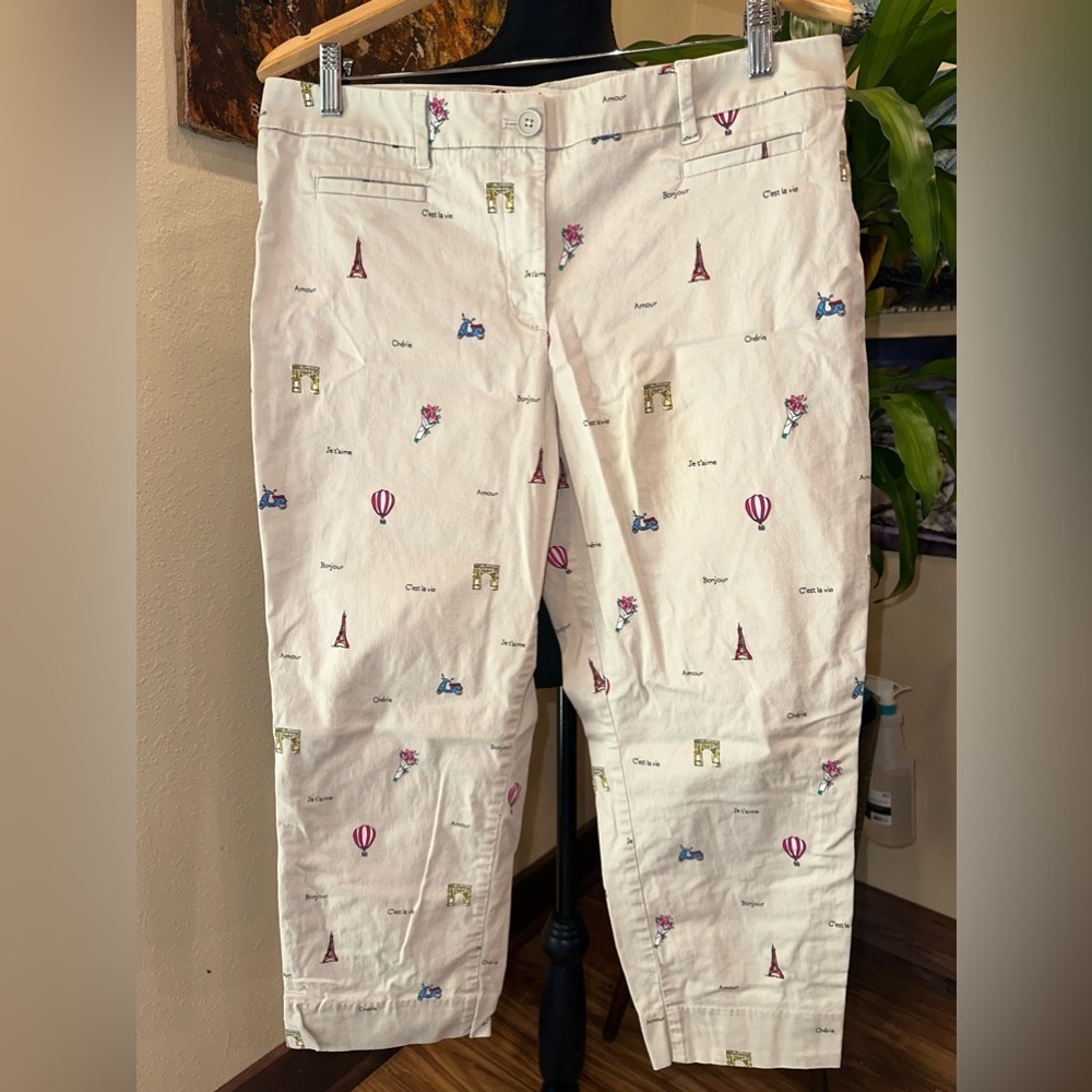 EUC Talbots Petite SZ 14 super cute French  print kaki pants